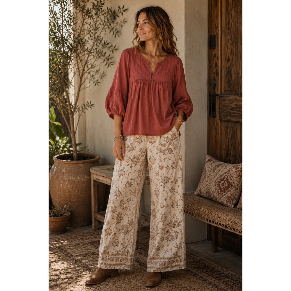 Old Navy Terracotta Red Quilted Yoke Peasant Puff Sleeve Blouse XL Tall